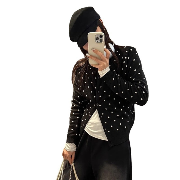 Women's cardigan with modern dots and fine button placket