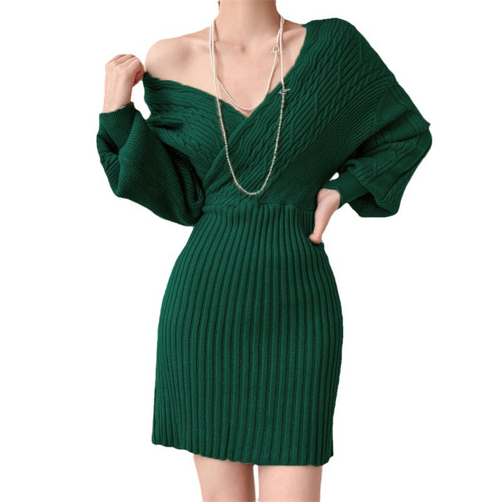 Ladies Elegant knitted dress with V-neck and textured top Lune London