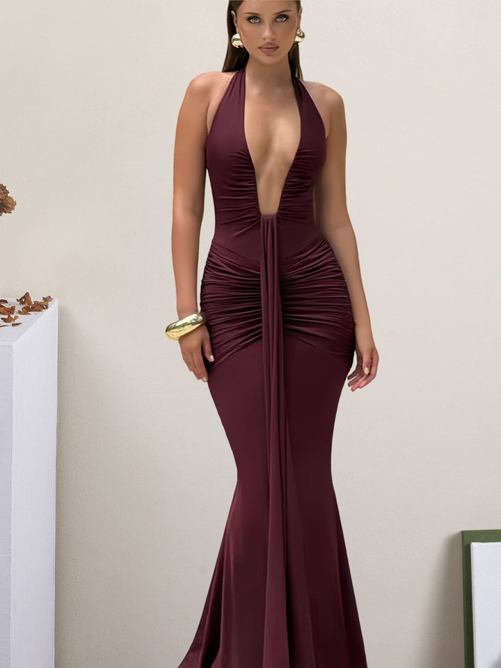 Ladies Elegant Wrap Dress with Deep V-Neck and Flowing Skirt