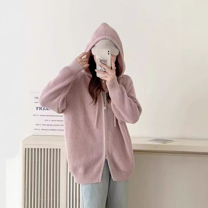 Ladies comfortable knit hoodie with full zip and drawstring Lune London