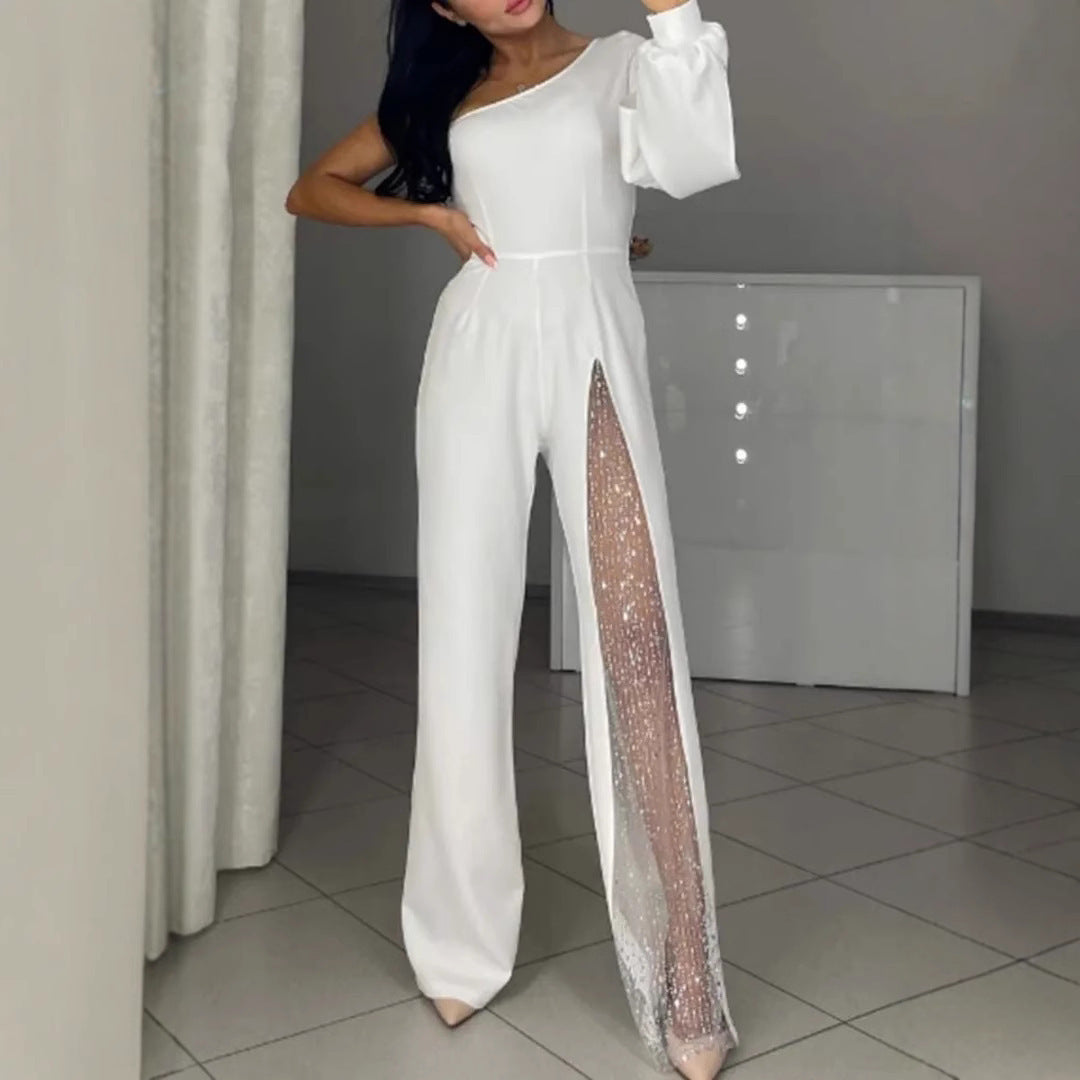 Asymmetrical one-shoulder jumpsuit for women with sequin panel Lune London