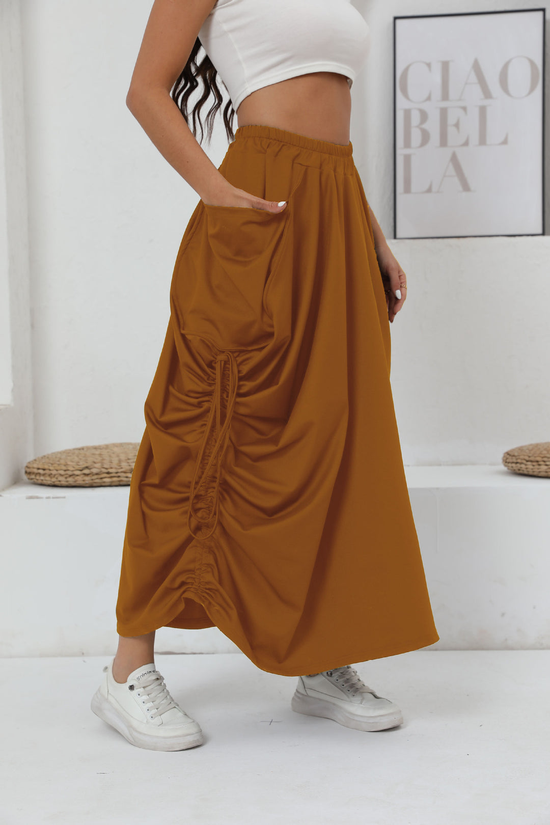 Maxi skirt for women with side gathers and practical pockets Lune London