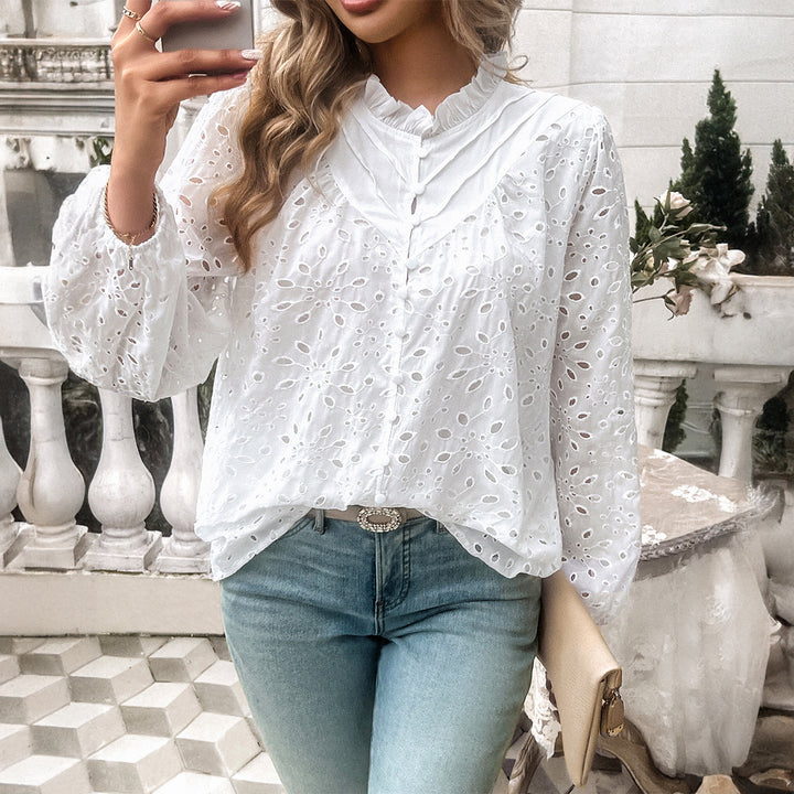 Trendy women's blouse with floral lace embroidery and ruffle details Lune London