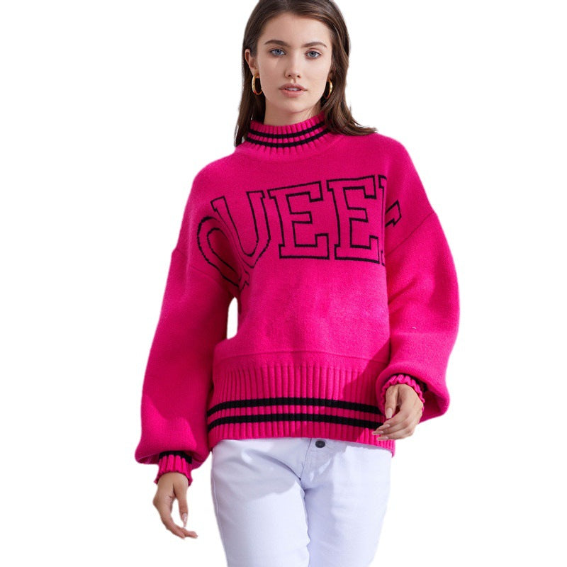Sporty women’s sweater with high collar and trendy inscription Lune London