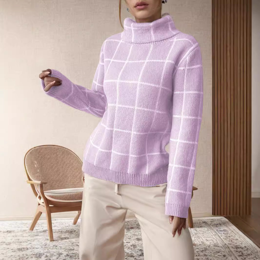 Pull décontracté pour femmes en tricot épais avec motif à carreaux moderne et col haut Chic & Stil