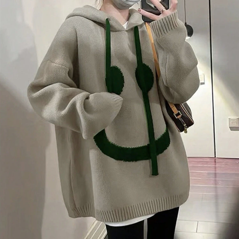 Ladies Oversized Casual Sweater with Smiley Pattern Lune London