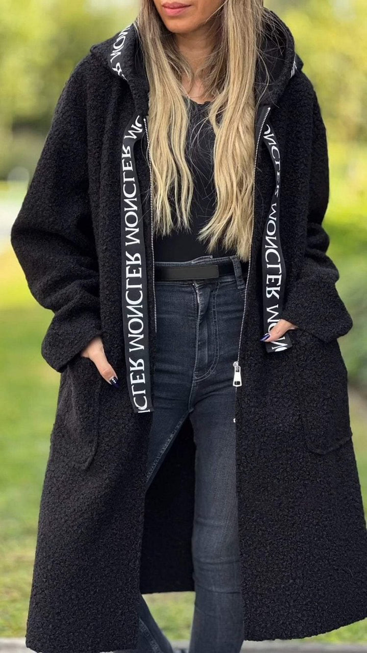 Long fleece coat for women with hood and convenient pockets Lune London