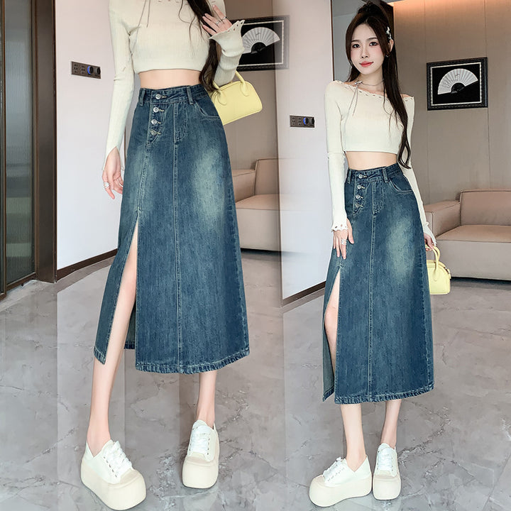 Jupe en denim longue pour femmes avec fente frontale Chic & Stil