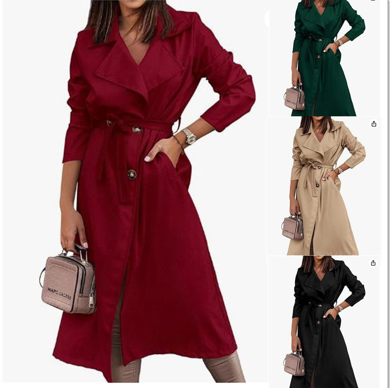 Elegant trench coat for women with a belt at the waist and large pockets Lune London