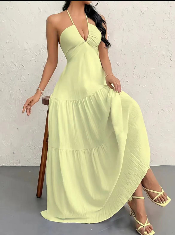 Maxi dress for women with off-shoulder design and casual ruffle details Lune London