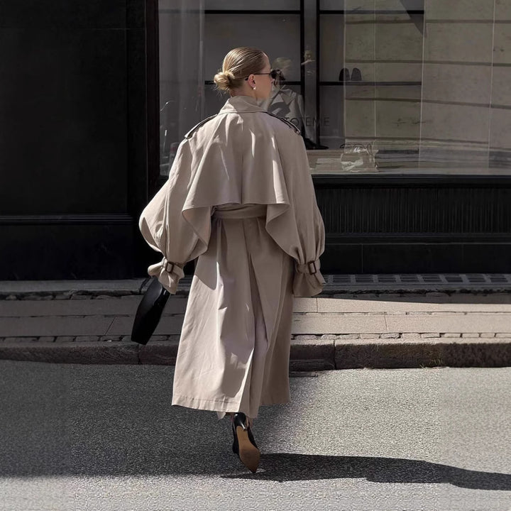 Oversized trench coat for women with richly detailed drapery and trendy cut Lune London
