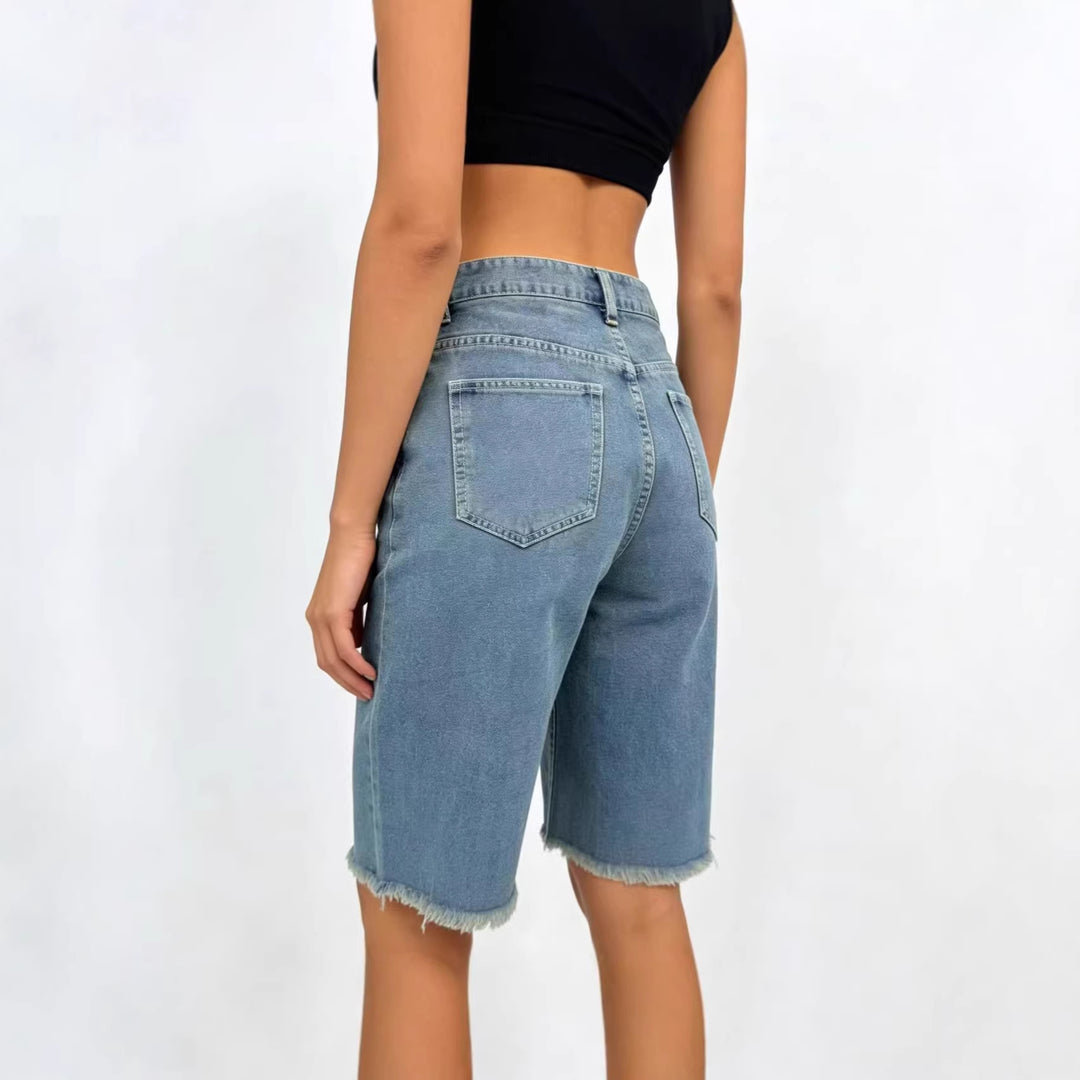 Women's Casual Denim Shorts with Frayed Hem and High Waist Lune London