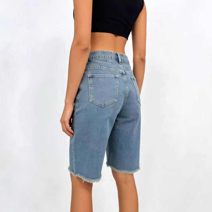 Women's Casual Denim Shorts with Frayed Hem and High Waist Lune London