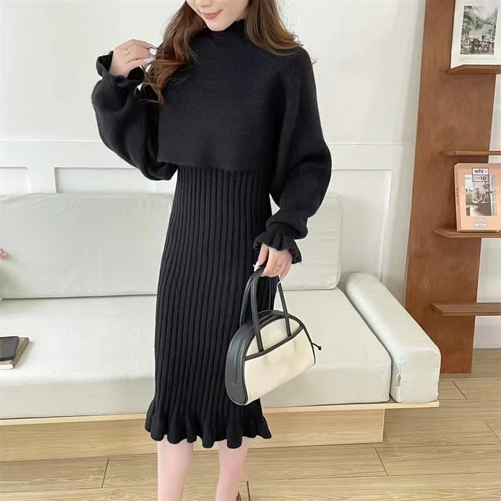 Knitted dress for women with high collar and ribbed structure Lune London
