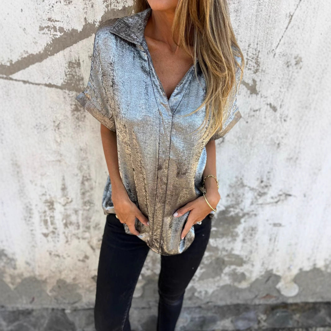 Ladies Elegant Satin Blouse with Shiny Finish and Chic Casual Cut
