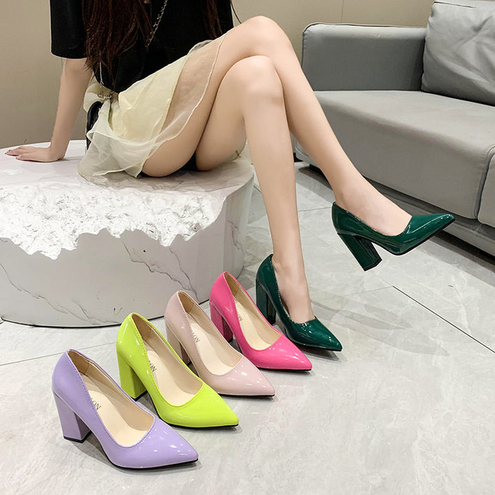 Lace heeled pumps for women with a comfortable block heel and a shiny finish Lune London