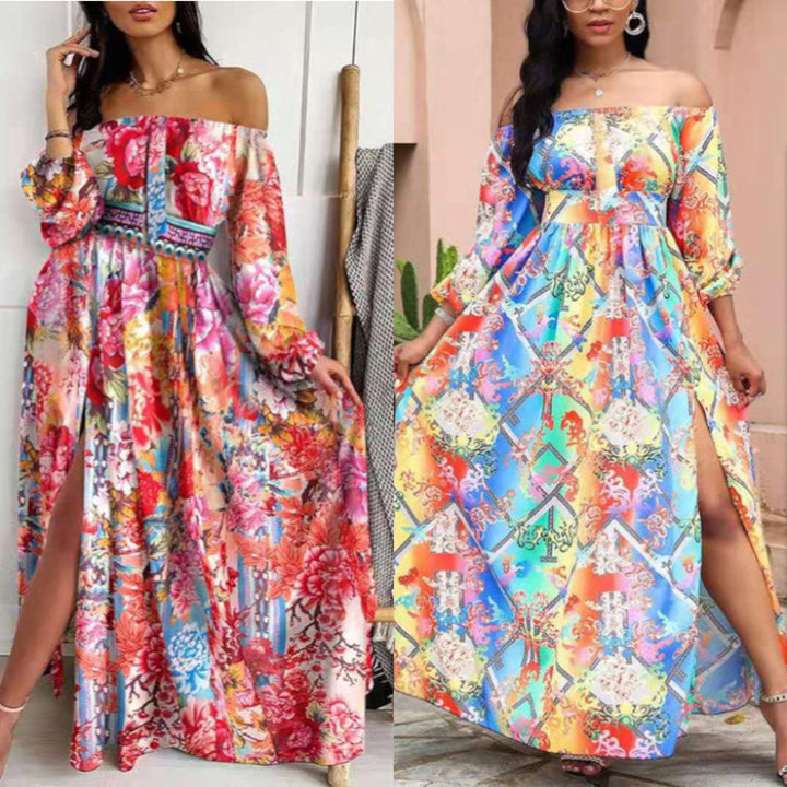 Off-shoulder maxi dress for women with elegant print Lune London