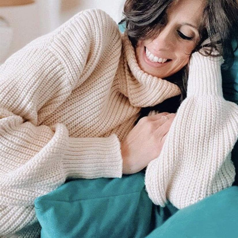 Ladies Comfortable Chunky Sweater with Turtleneck and Textured Knit Chic and Style