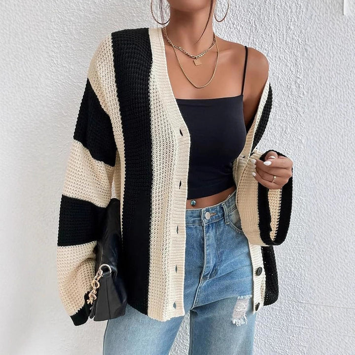 Ladies stylish cardigan with wide block stripes Lune London