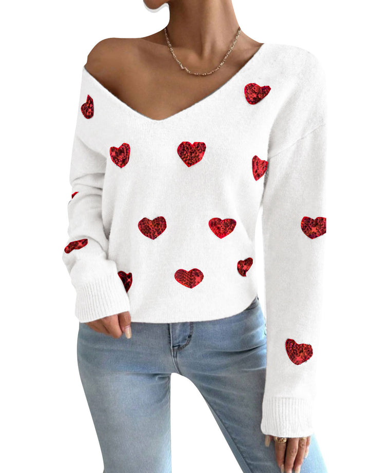 Pull surdimensionné pour femmes avec décolleté en V profond et motif cœur Chic & Stil