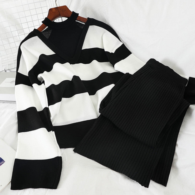 Lune London striped knit loungewear set with high collar for women