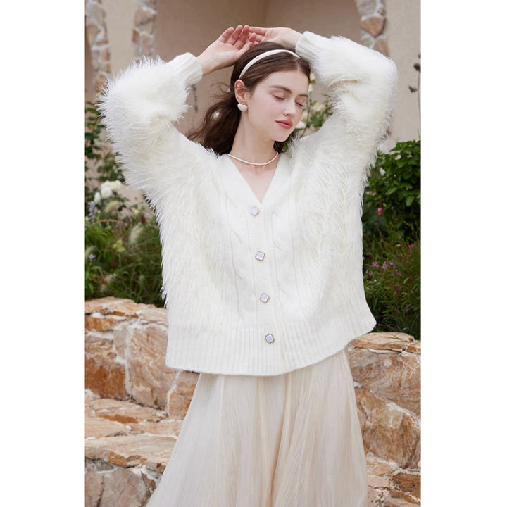 Knitted jacket for women with fluffy sleeves and button closure Lune London