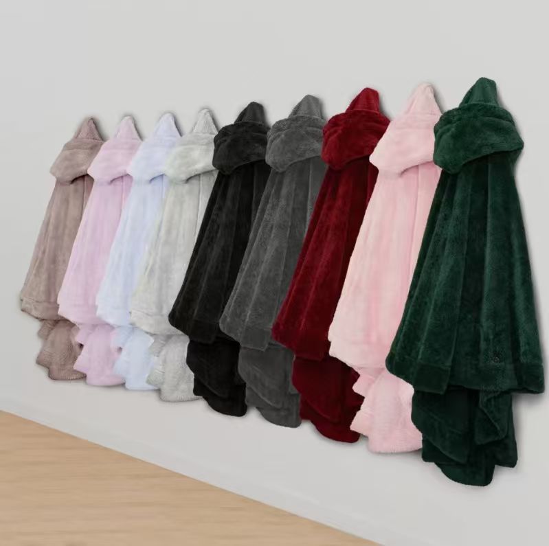 Ladies Comfortable Fleece Poncho with Hood and Practical Pockets Lune London