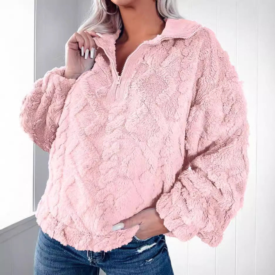 Ladies Soft Fleece Sweater with High Collar and Zipper Lune London