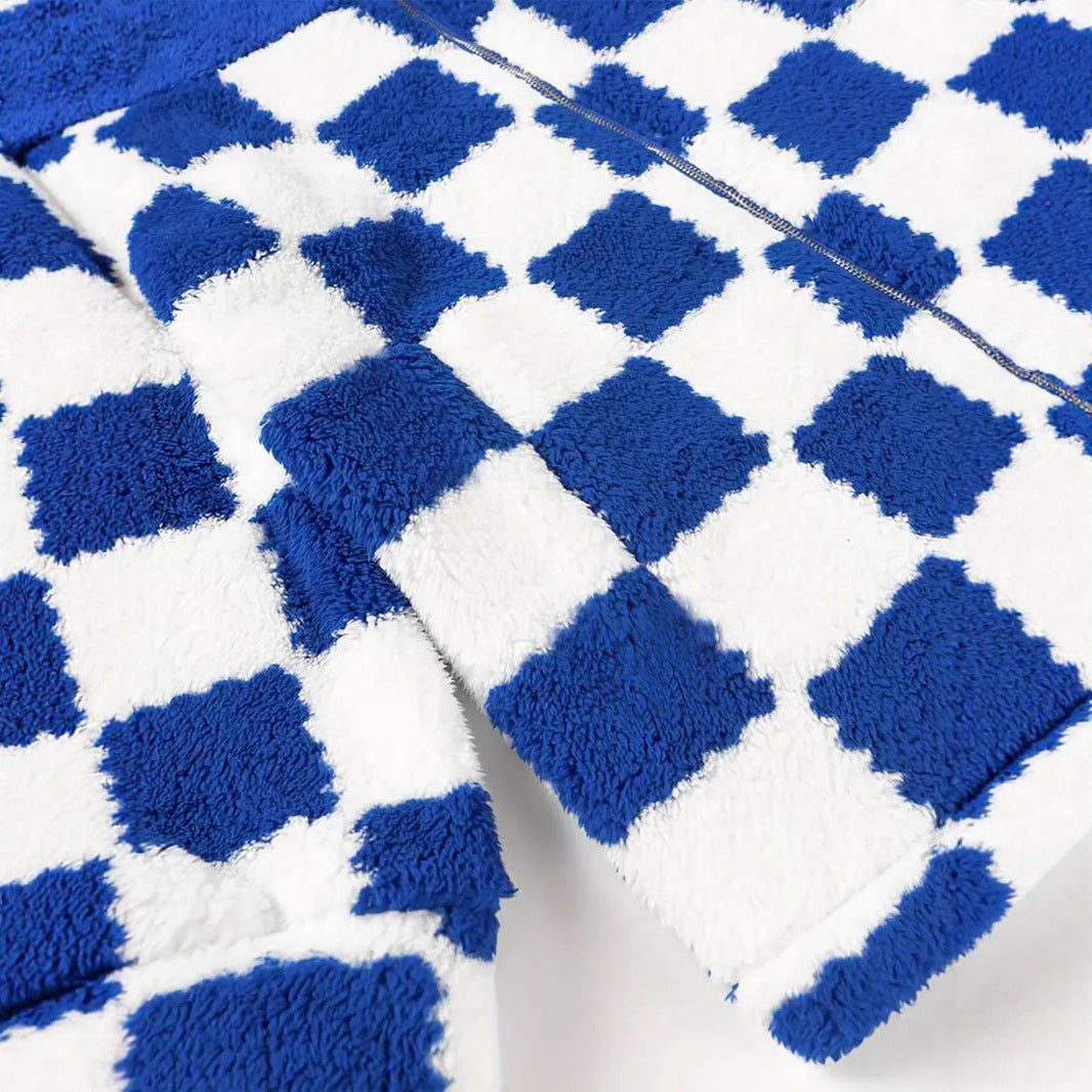 Fleece jacket for women with checkered pattern and high collar Lune London