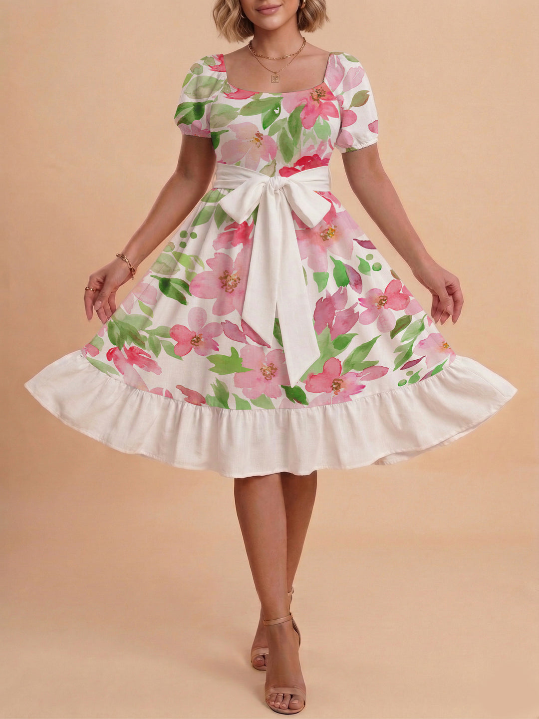 Women A-line dress with floral motifs and adjustable belt Lune London