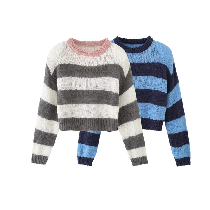 Short knit jumper for women with nautical stripe pattern and round neckline Lune London