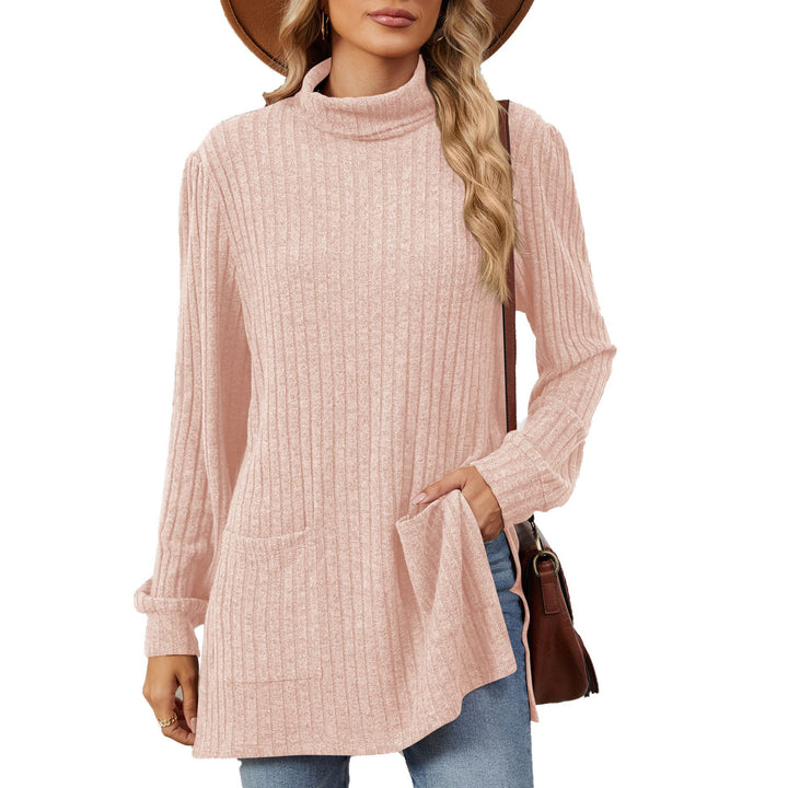 Ladies elegant top in structured knit with high collar and side pockets Lune London