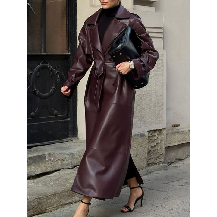 Lune London women's faux leather trench coat with belt and practical pockets
