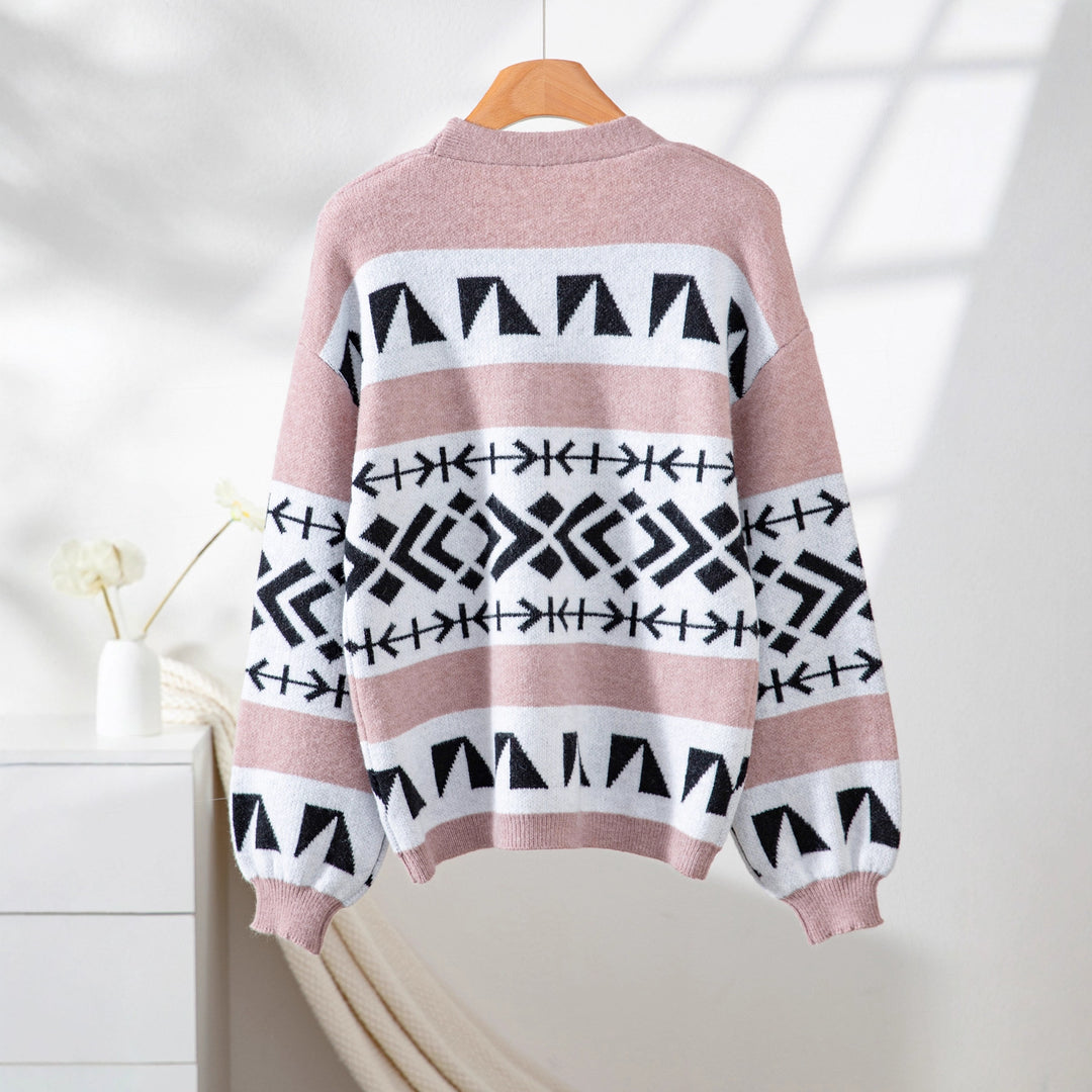 Comfortable knitted jacket for women with decorative ethnic pattern and open cut Lune London