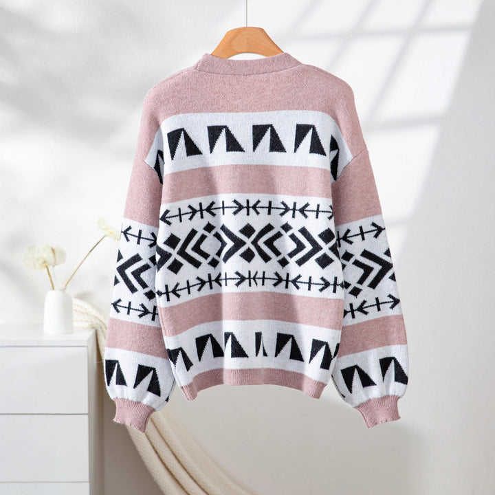 Comfortable knitted jacket for women with decorative ethnic pattern and open cut Lune London