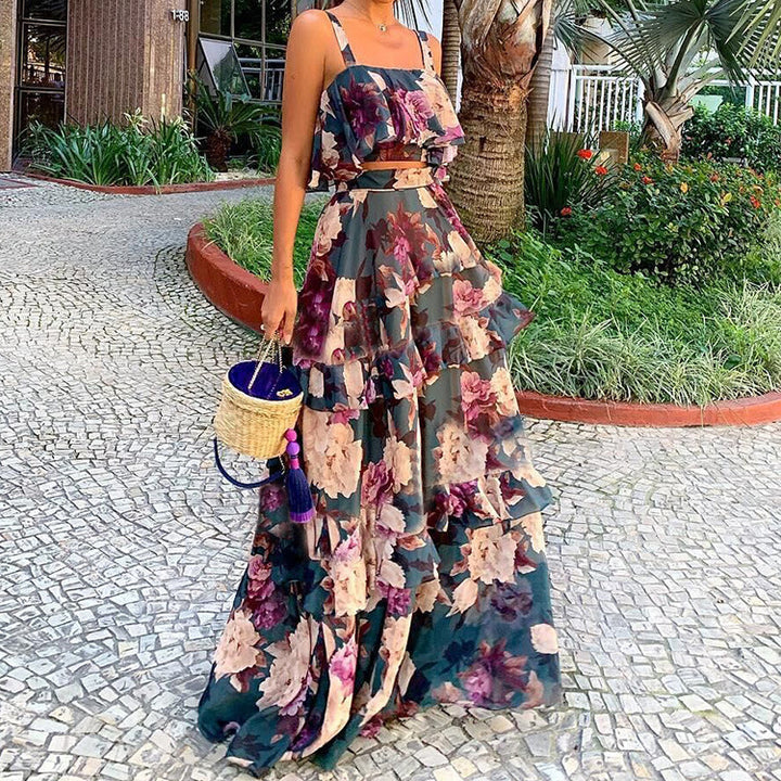 Robe Maxi Femme avec Motif Floral et Volants Chic & Stil