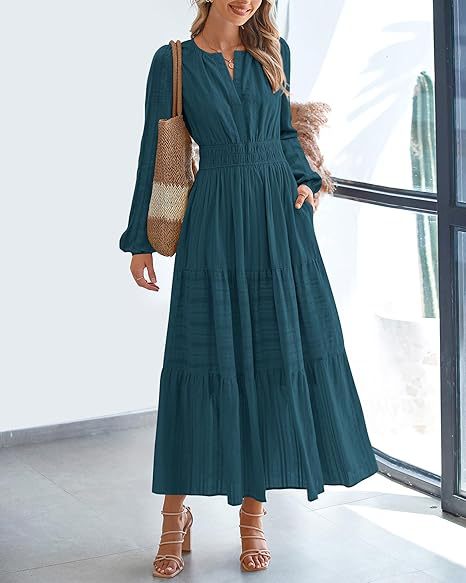 Maxi dress for women with elegant sleeves and refined elastic at the waist Lune London