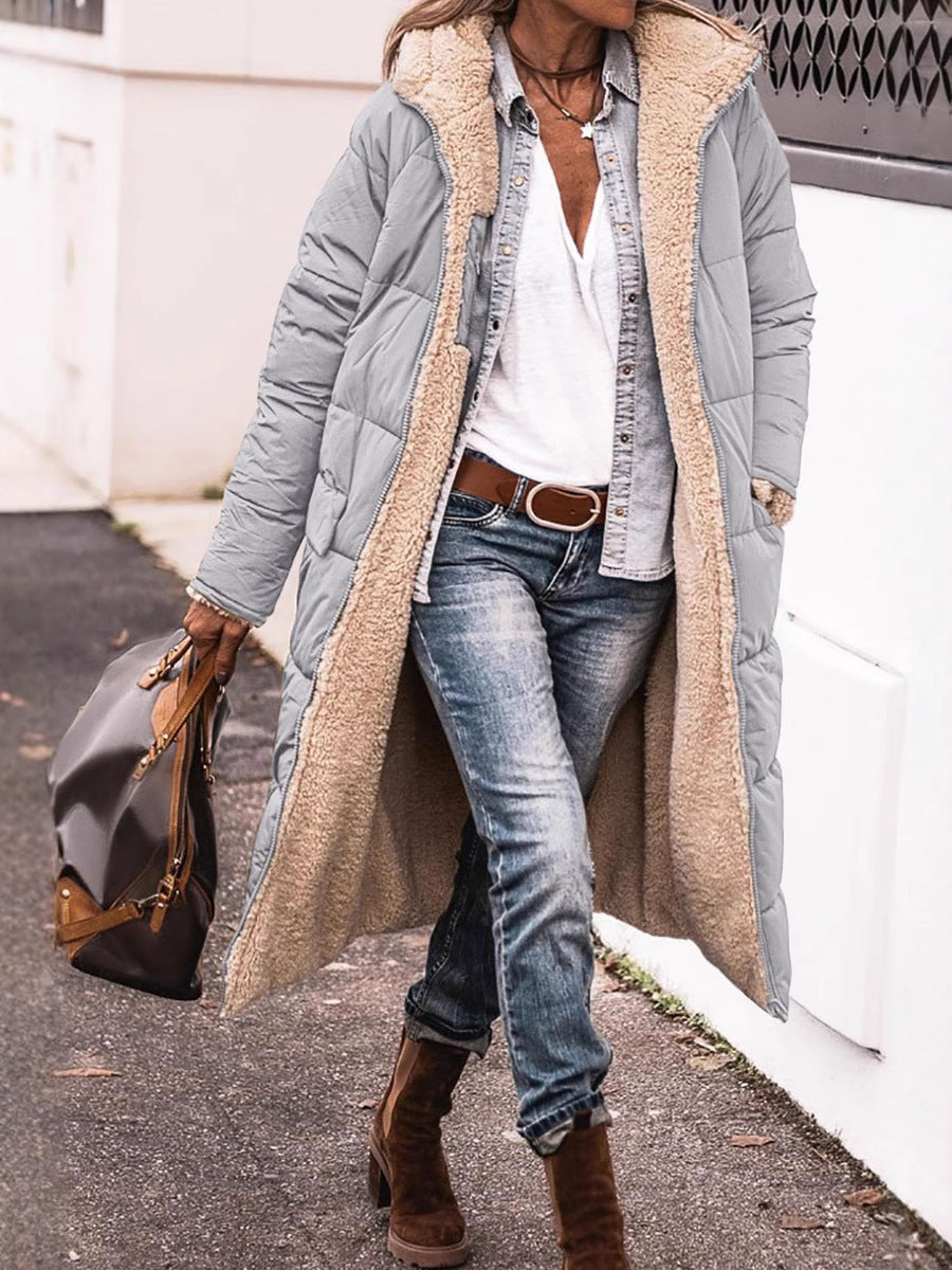 Ladies long down jacket with cozy teddy lining and large collar Lune London