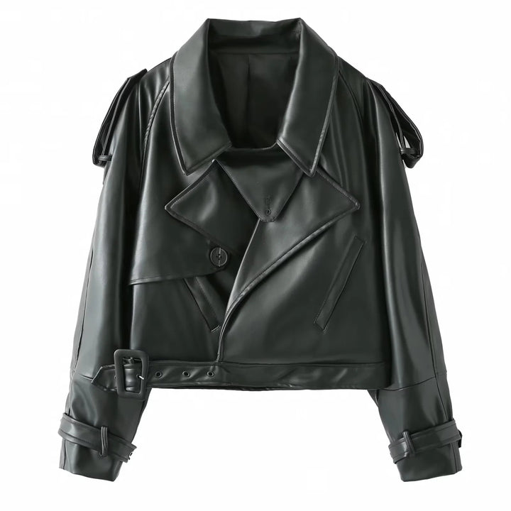 Cool cropped faux leather jacket for women with asymmetric collar and trendy design Lune London