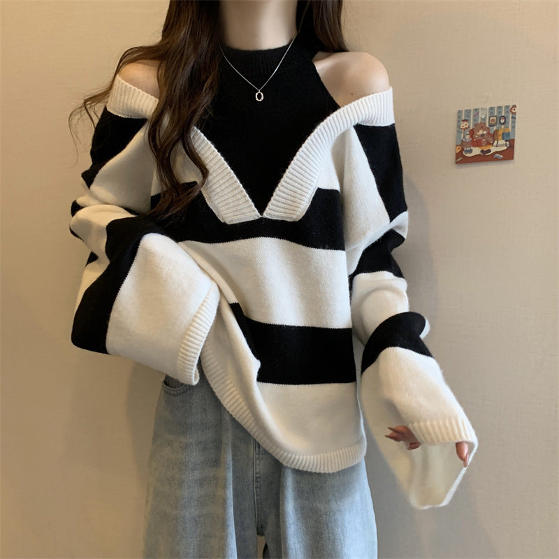 Ladies Oversized V-neck Pullover with trendy striped pattern and open shoulder design Lune London