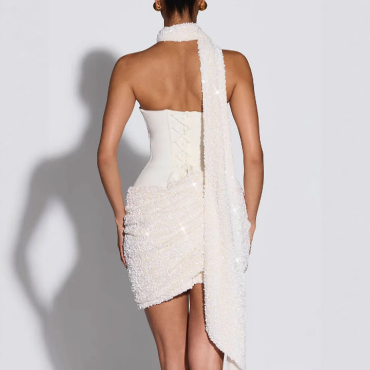 Ladies Glamorous Mini Dress with Figure-Hugging Bustier Top and Impressive Sequin Skirt Lune London