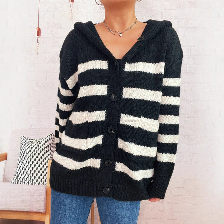 Cardigan décontracté en tricot pour femmes avec capuche et grandes rayures Chic & Stil