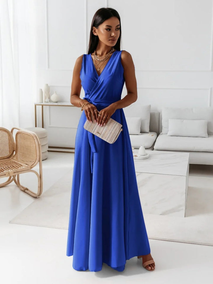 Maxi dress for women with wrap look and deep V neck Lune London