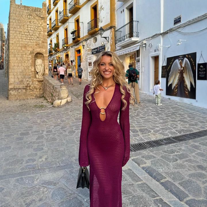 Maxi dress for women with deep V-neck and elegant long sleeves Lune London