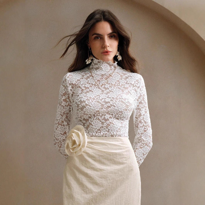 Women Long Sleeve Lace Bodysuit with High Collar Lune London