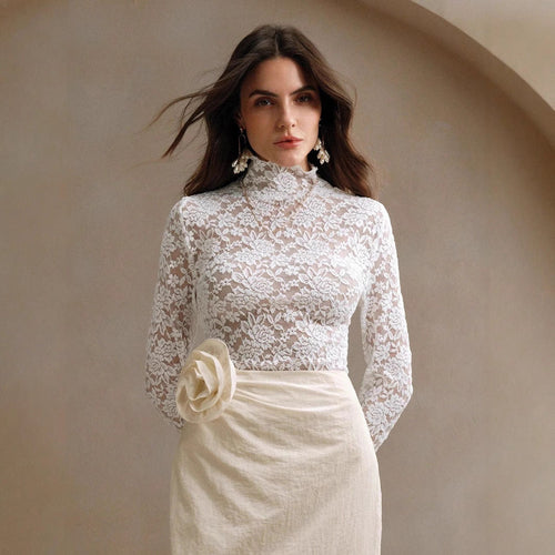 Women Long Sleeve Lace Bodysuit with High Collar Lune London