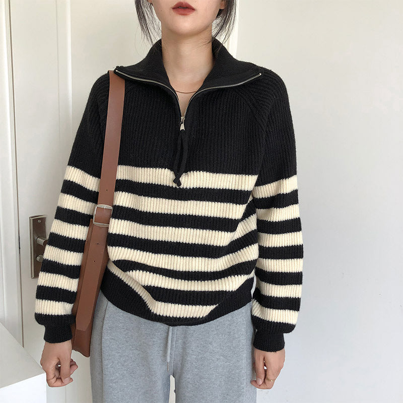 Women's striped sweater with mid-length zip and casual fit Lune London