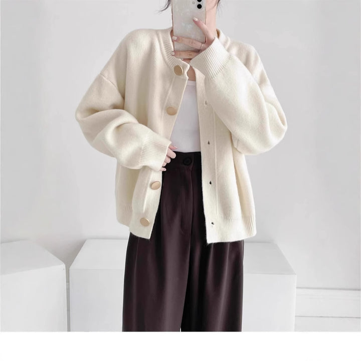 Oversized knit jacket for women with large wooden buttons and wide cut Lune London