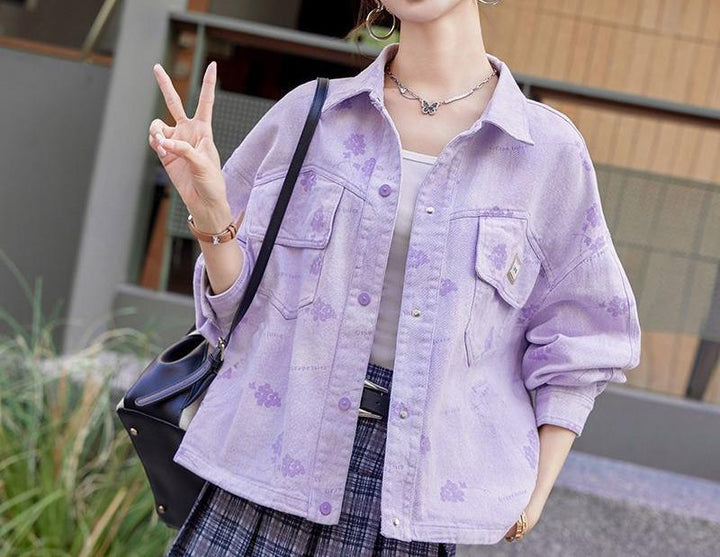 Veste en jean décontractée pour femmes avec imprimé floral