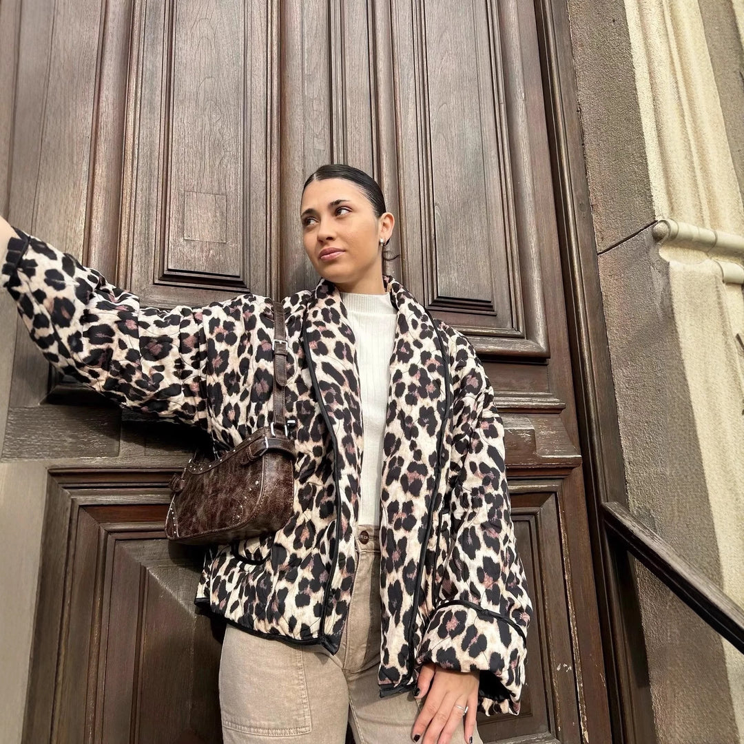 Women's leopard print bomber jacket with a stylish cut and practical pockets Lune London